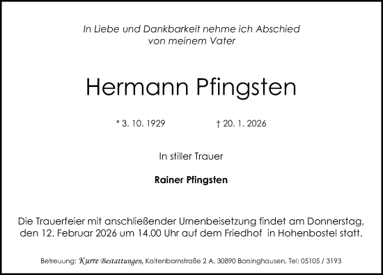 Traueranzeige von Hermann Pfingsten von Hannoversche Allgemeine Zeitung/Neue Presse