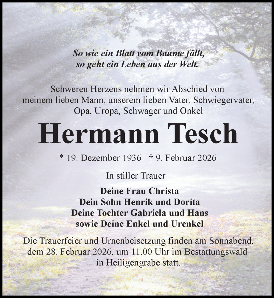  Traueranzeige für Hermann Tesch vom 21.02.2026 aus Wochenspiegel