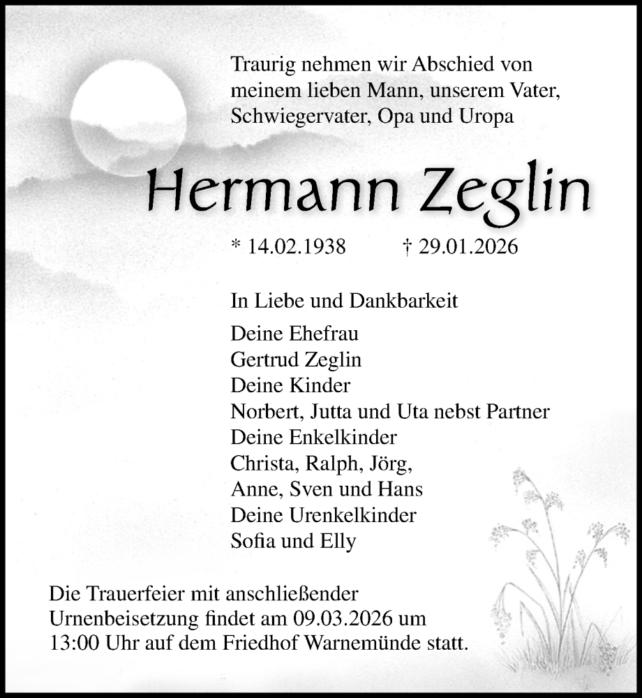  Traueranzeige für Hermann Zeglin vom 07.02.2026 aus Ostsee-Zeitung GmbH
