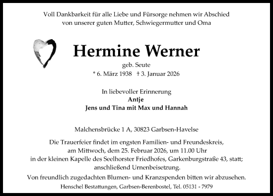 Traueranzeige von Hermine Werner von Hannoversche Allgemeine Zeitung/Neue Presse
