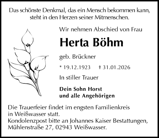 Traueranzeige von Herta Böhm von Sächsische Zeitung