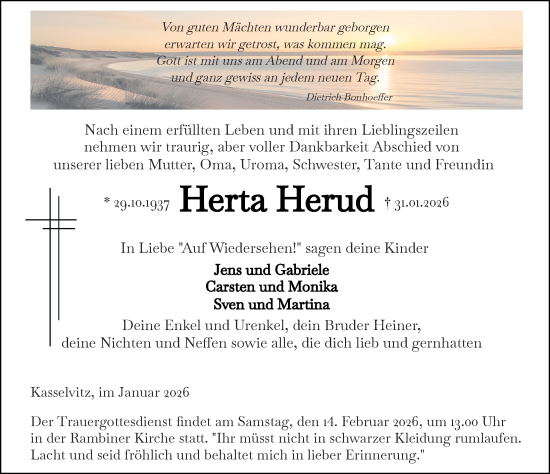 Traueranzeige von Herta Herud von Ostsee-Zeitung GmbH