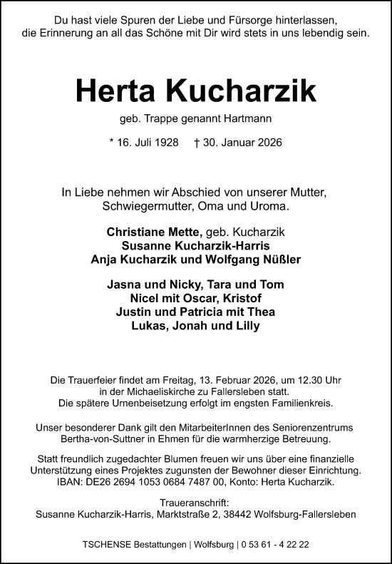 Traueranzeige von Herta Kucharzik von Aller Zeitung