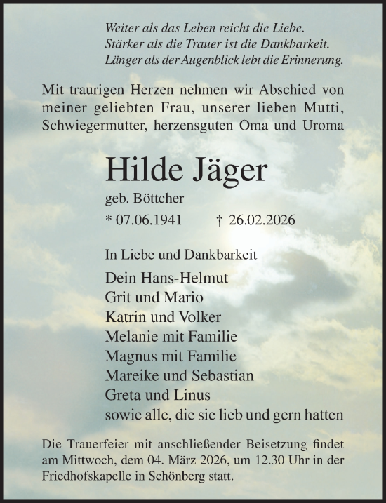 Traueranzeige von Hilde Jäger von Ostsee-Zeitung GmbH
