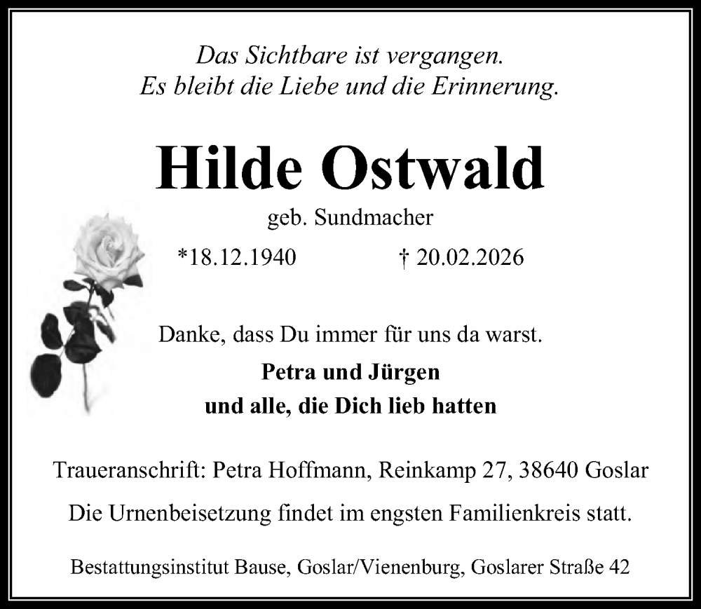  Traueranzeige für Hilde Ostwald vom 28.02.2026 aus Hannoversche Allgemeine Zeitung/Neue Presse
