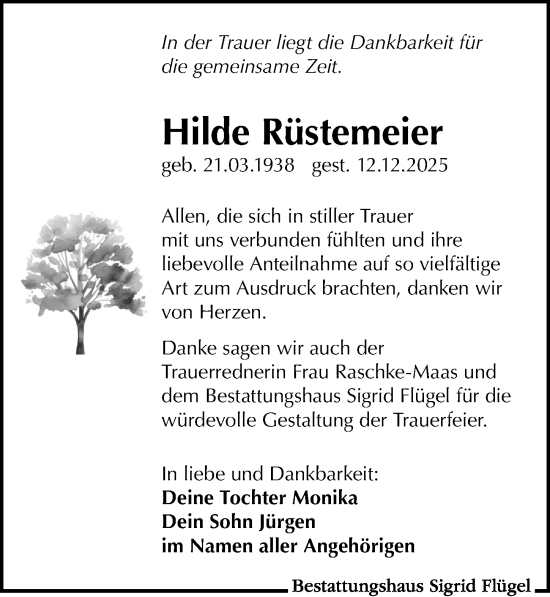 Traueranzeige von Hilde Rüstemeier von Leipziger Volkszeitung