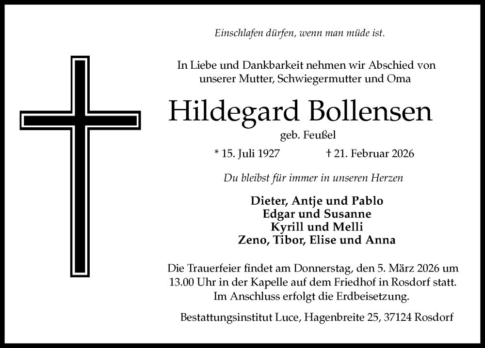  Traueranzeige für Hildegard Bollensen vom 28.02.2026 aus Göttinger Tageblatt