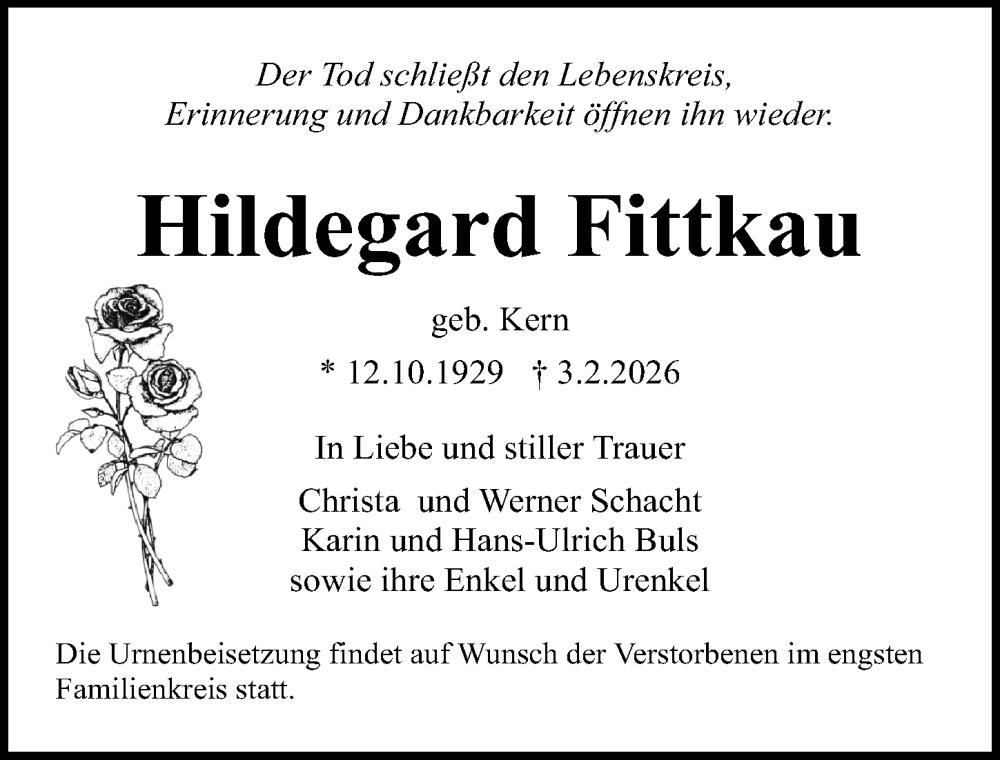  Traueranzeige für Hildegard Fittkau vom 14.02.2026 aus Ostsee-Zeitung GmbH
