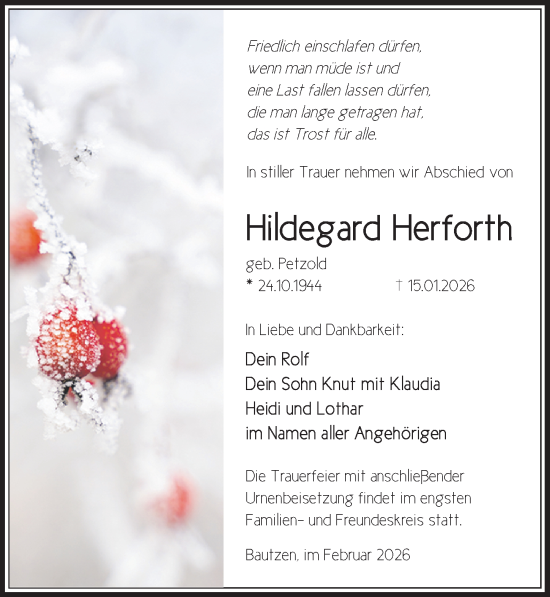 Traueranzeige von Hildegard Herforth von Sächsische Zeitung