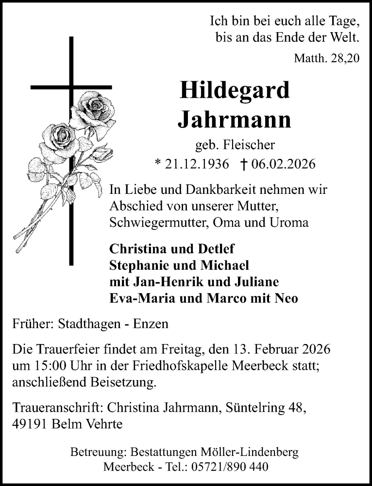  Traueranzeige für Hildegard Jahrmann vom 11.02.2026 aus Schaumburger Nachrichten
