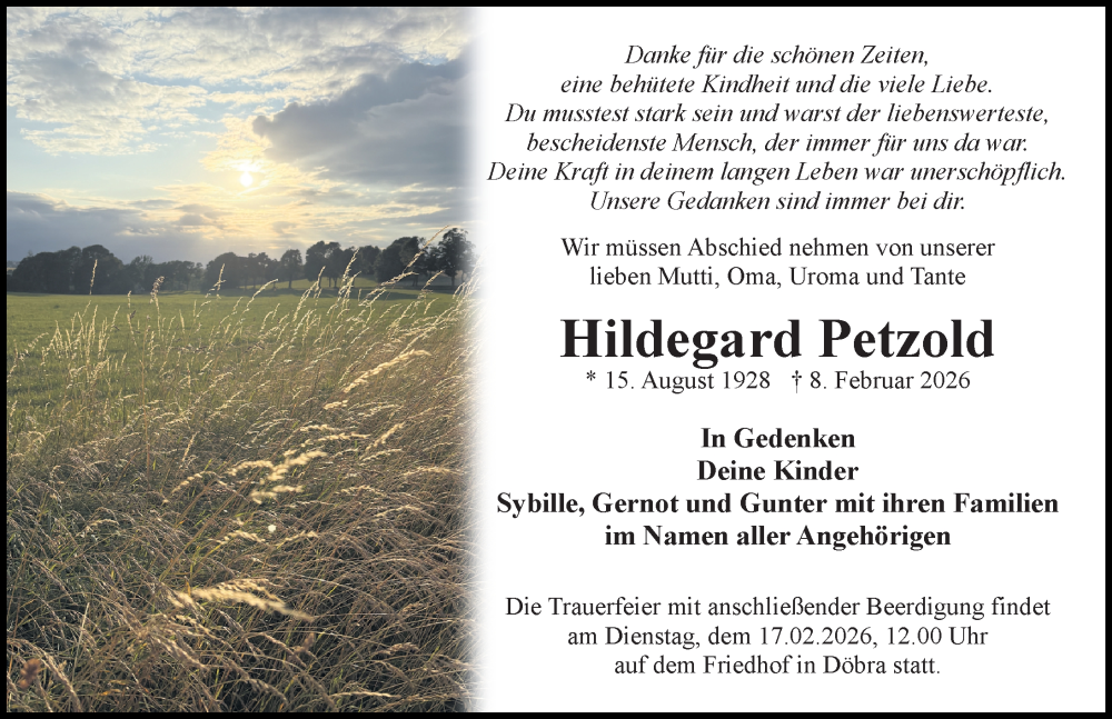  Traueranzeige für Hildegard Petzold vom 14.02.2026 aus Sächsische Zeitung