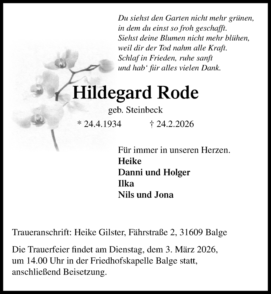  Traueranzeige für Hildegard Rode vom 28.02.2026 aus Die Harke