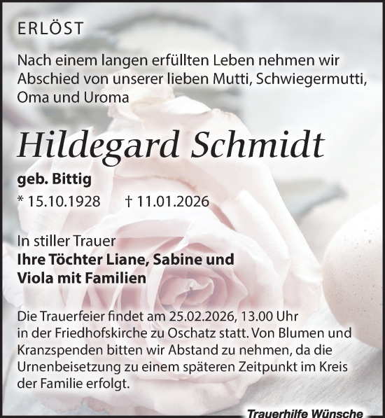 Traueranzeige von Hildegard Schmidt von Leipziger Volkszeitung