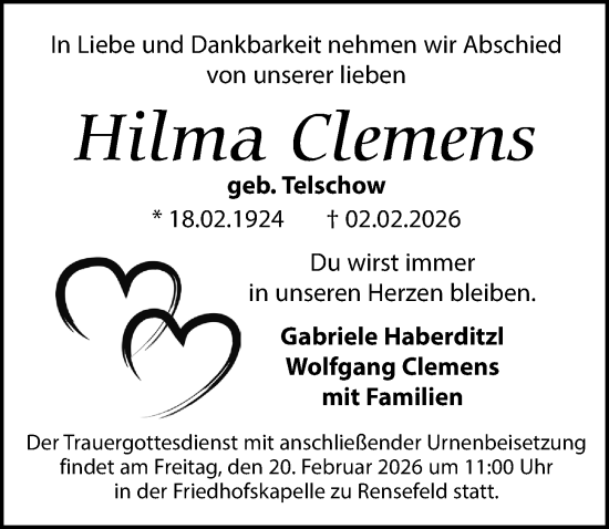 Traueranzeige von Hilma Clemens von Lübecker Nachrichten