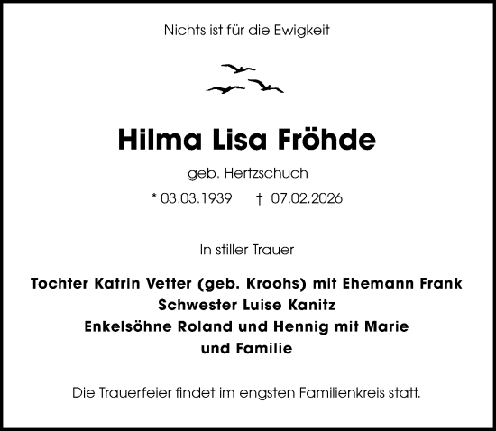 Traueranzeige von Hilma Lisa Fröhde von Sächsische Zeitung