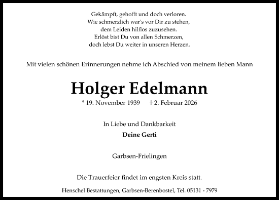 Traueranzeige von Holger Edelmann von Hannoversche Allgemeine Zeitung/Neue Presse
