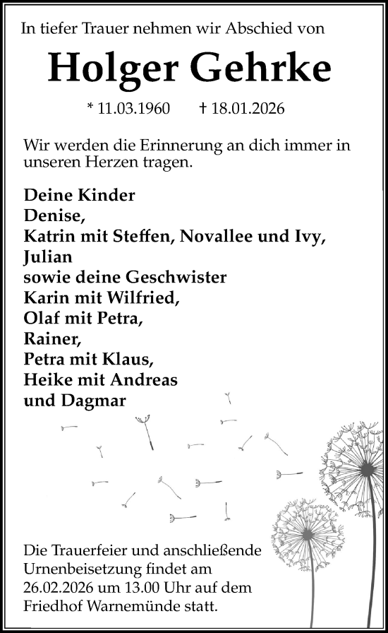 Traueranzeige von Holger Gehrke von Ostsee-Zeitung GmbH
