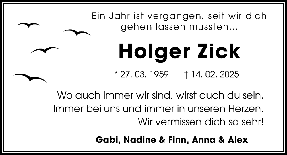  Traueranzeige für Holger Zick vom 14.02.2026 aus Kieler Nachrichten