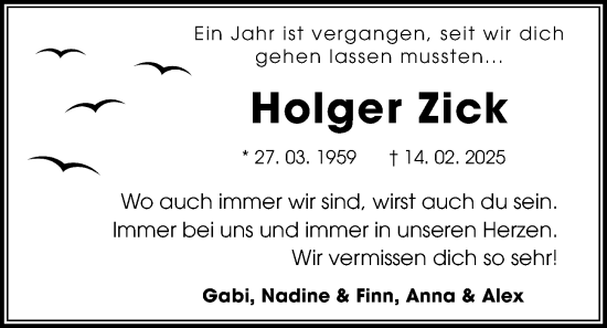 Traueranzeige von Holger Zick von Kieler Nachrichten