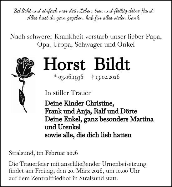Traueranzeige von Horst Bildt von Ostsee-Zeitung GmbH