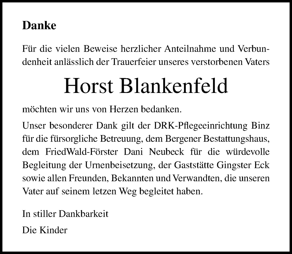  Traueranzeige für Horst Blankenfeld vom 07.02.2026 aus Ostsee-Zeitung GmbH