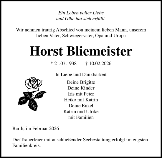 Traueranzeige von Horst Bliemeister von Ostsee-Zeitung GmbH