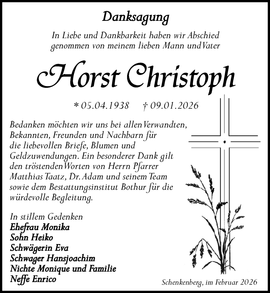  Traueranzeige für Horst Christoph vom 07.02.2026 aus Leipziger Volkszeitung
