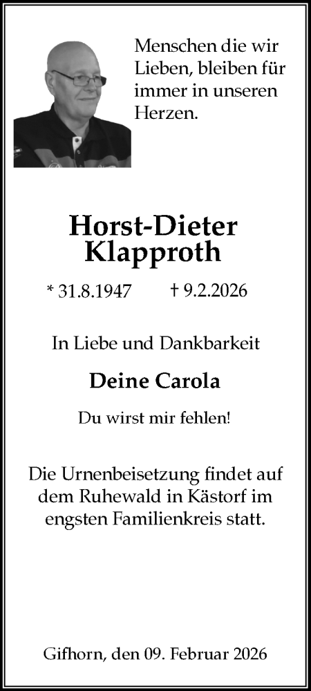  Traueranzeige für Horst-Dieter Klapproth vom 21.02.2026 aus Aller Zeitung