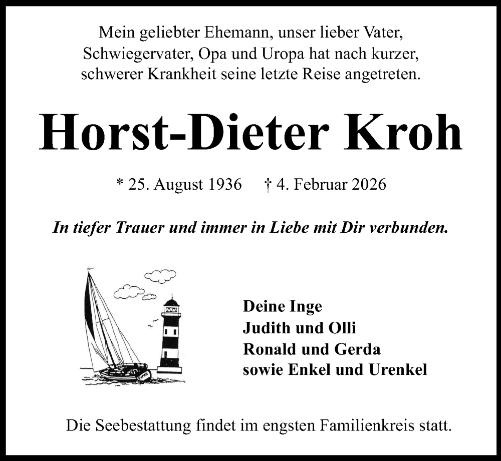  Traueranzeige für Horst-Dieter Kroh vom 14.02.2026 aus Kieler Nachrichten