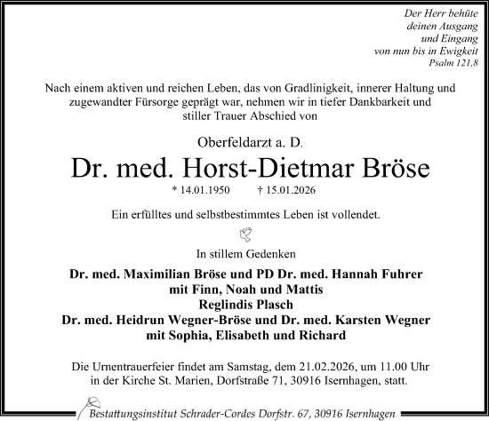 Traueranzeige von Horst-Dietmar Bröse von Hannoversche Allgemeine Zeitung/Neue Presse