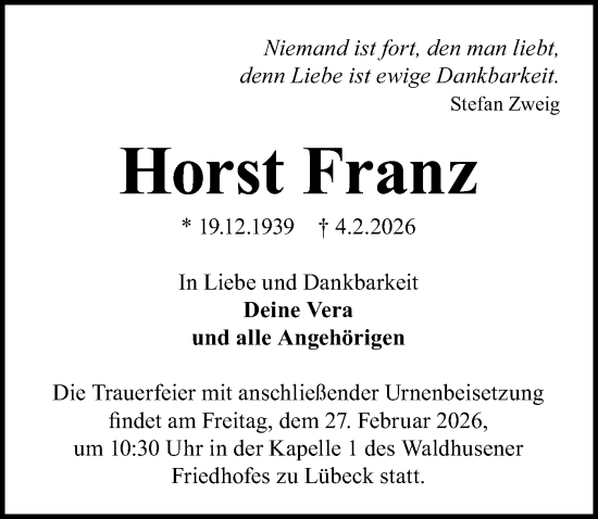 Traueranzeige von Horst Franz von Lübecker Nachrichten