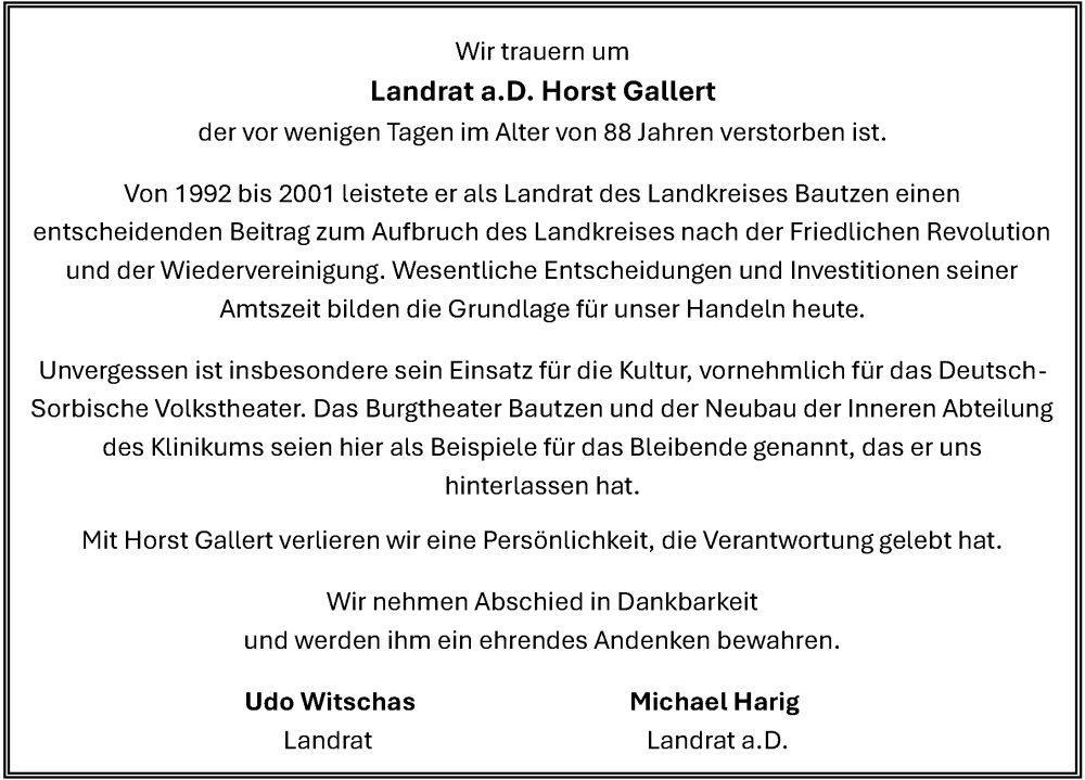  Traueranzeige für Horst Gallert vom 07.02.2026 aus Sächsische Zeitung