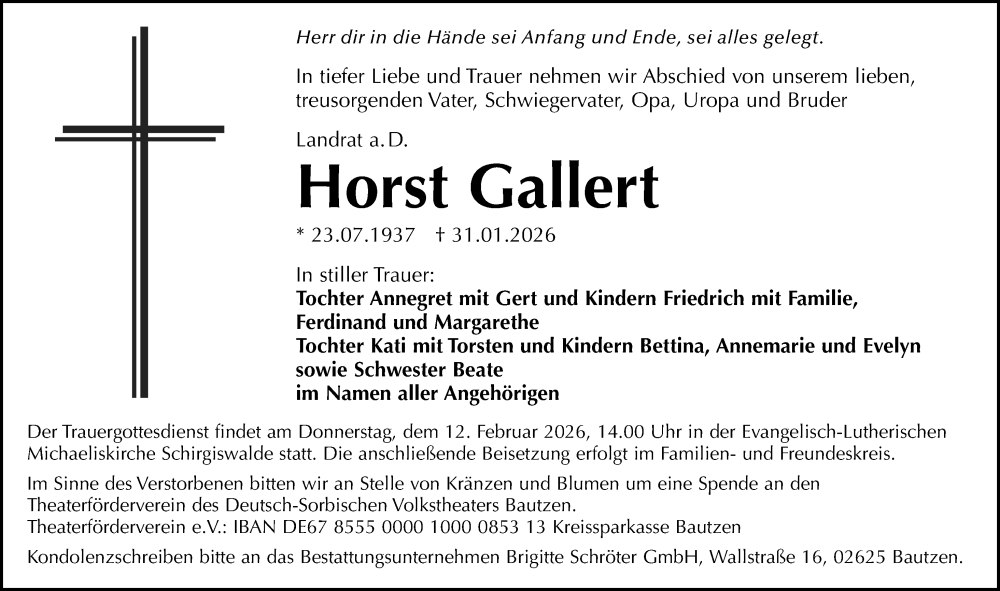  Traueranzeige für Horst Gallert vom 07.02.2026 aus Sächsische Zeitung
