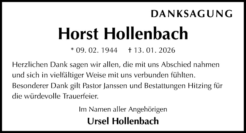  Traueranzeige für Horst Hollenbach vom 21.02.2026 aus Göttinger Tageblatt