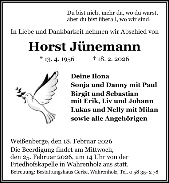 Traueranzeige von Horst Jünemann von Aller Zeitung