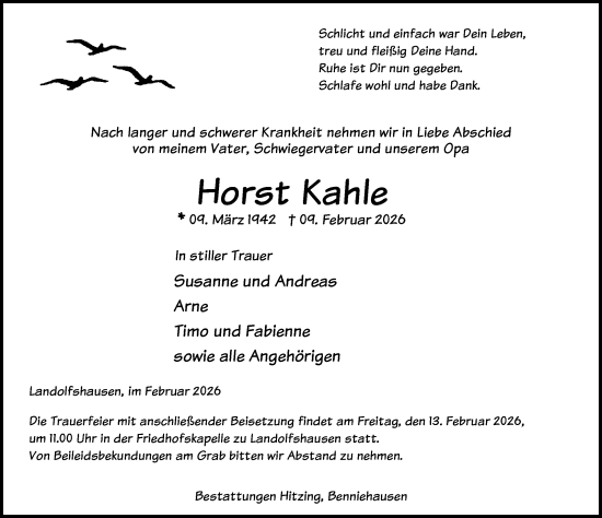 Traueranzeige von Horst Kahle von Göttinger Tageblatt
