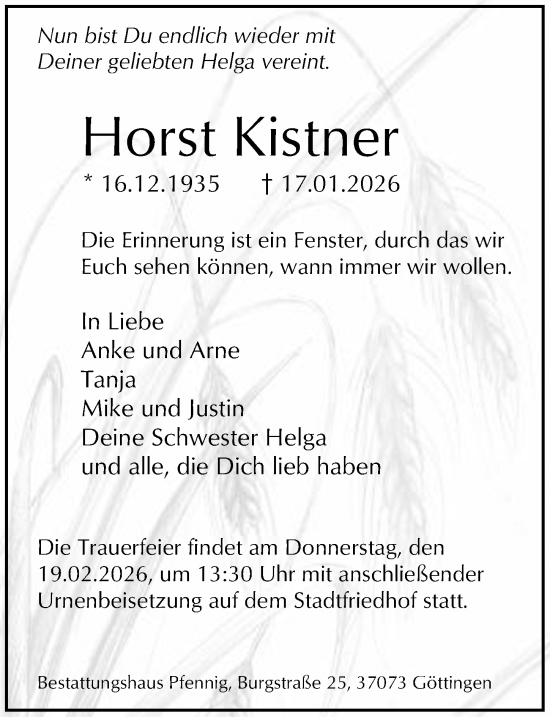 Traueranzeige von Horst Kistner von Göttinger Tageblatt