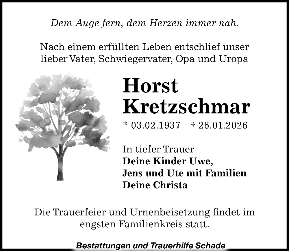  Traueranzeige für Horst Kretzschmar vom 07.02.2026 aus Leipziger Volkszeitung