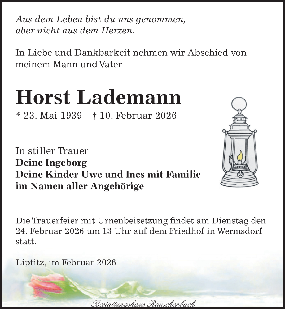  Traueranzeige für Horst Lademann vom 14.02.2026 aus Leipziger Volkszeitung