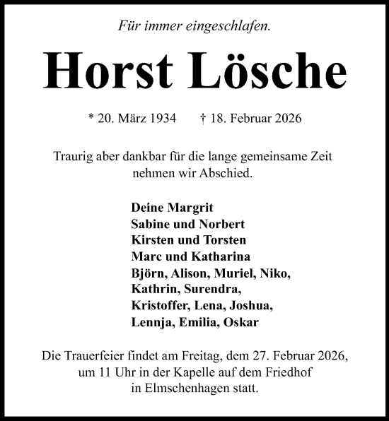 Traueranzeige von Horst Lösche von Kieler Nachrichten