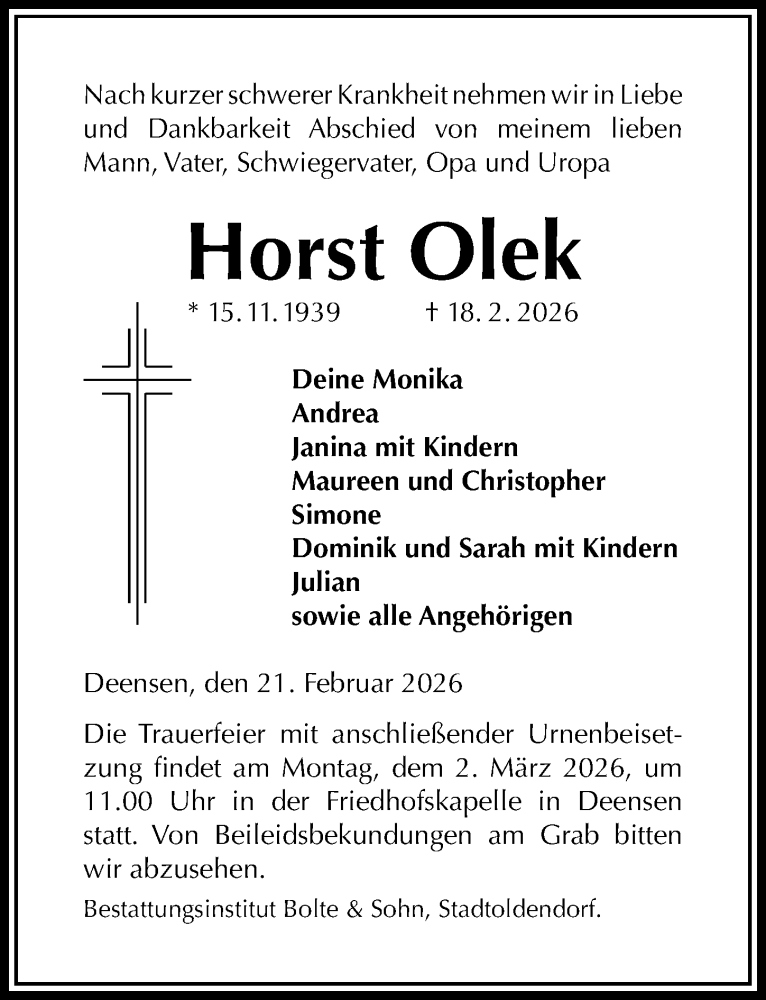  Traueranzeige für Horst Olek vom 21.02.2026 aus Täglicher Anzeiger Holzminden