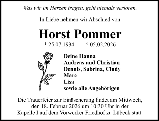 Traueranzeige von Horst Pommer von Lübecker Nachrichten
