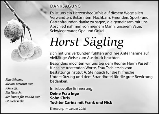 Traueranzeige von Horst Sägling von Leipziger Volkszeitung