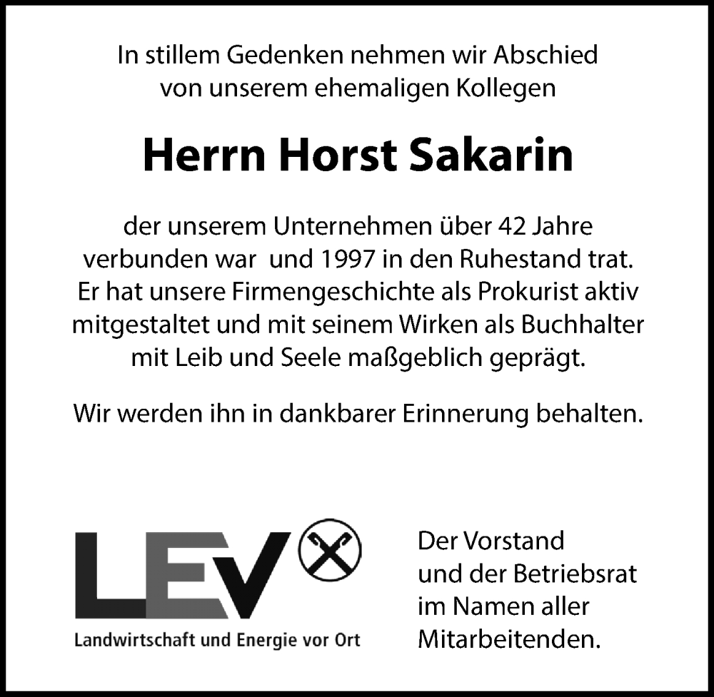  Traueranzeige für Horst Sakarin vom 14.02.2026 aus Lübecker Nachrichten