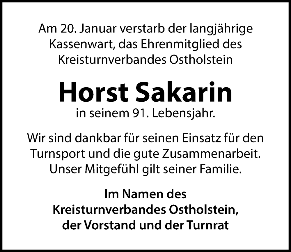  Traueranzeige für Horst Sakarin vom 11.02.2026 aus Lübecker Nachrichten