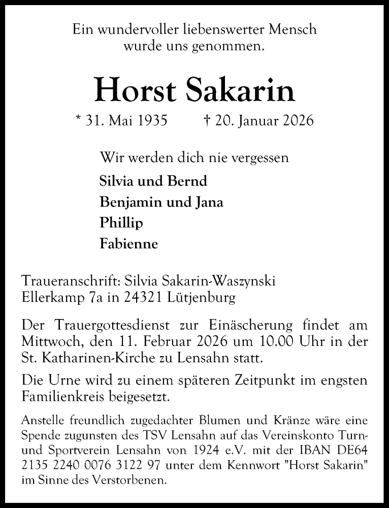  Traueranzeige für Horst Sakarin vom 04.02.2026 aus Lübecker Nachrichten