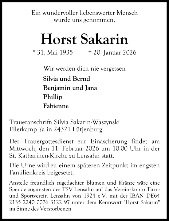 Traueranzeige von Horst Sakarin von Lübecker Nachrichten