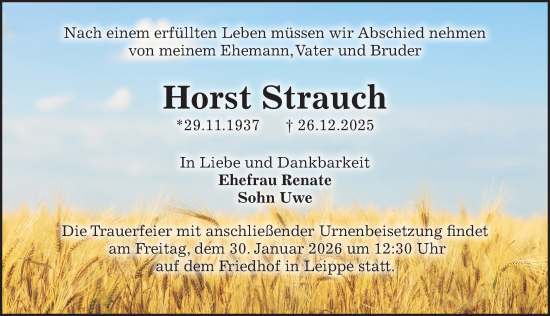 Traueranzeige von Horst Strauch von Sächsische Zeitung