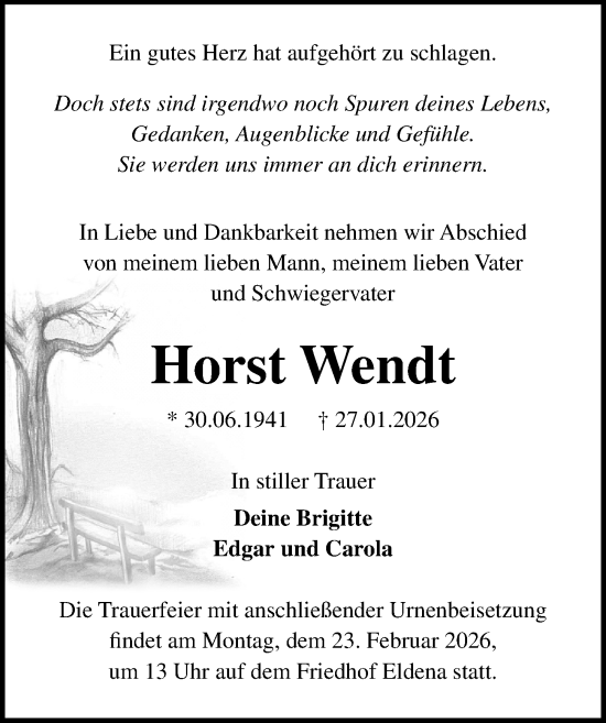 Traueranzeige von Horst Wendt von Ostsee-Zeitung GmbH