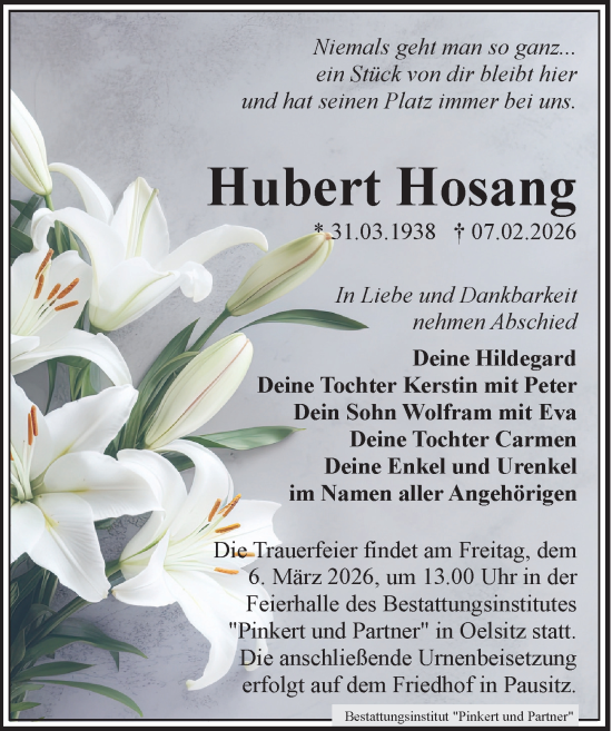 Traueranzeige von Hubert Hosang von Sächsische Zeitung